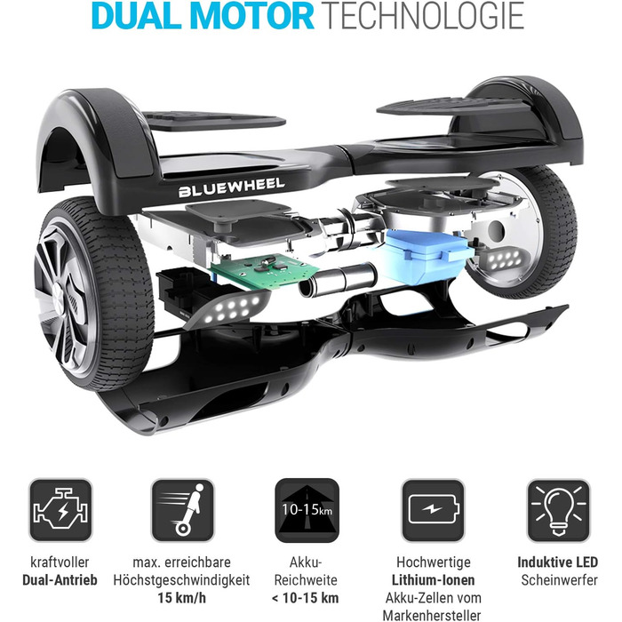 Преміум ховерборд Bluewheel HX310s - німецька якісна компанія - режим дитячої безпеки та додаток - динамік Bluetooth - потужний подвійний двигун - світлодіод - електричне блакитне небо, 6.5