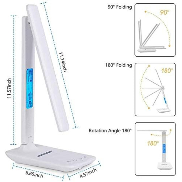 Настільна лампа, світлодіодна настільна лампа Приліжкова лампа з можливістю затемнення та бездротовою зарядкою 10 Вт з 3 кольорами та 5 рівнями яскравості Настільна лампа з функцією заряджання, USB, годинник, температура, дата, сенсорне керування (офісний