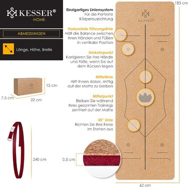 Килимок для йоги KESSER Пробка з ремінцем для перенесення та гімнастичний килимок для йоги блок Килимок для йоги нековзний з натурального каучуку TPE Фітнес-килимок, 183 x 62 Тренувальний килимок для фітнесу Спортивний килимок, гімнастика Extra Thick (Бор