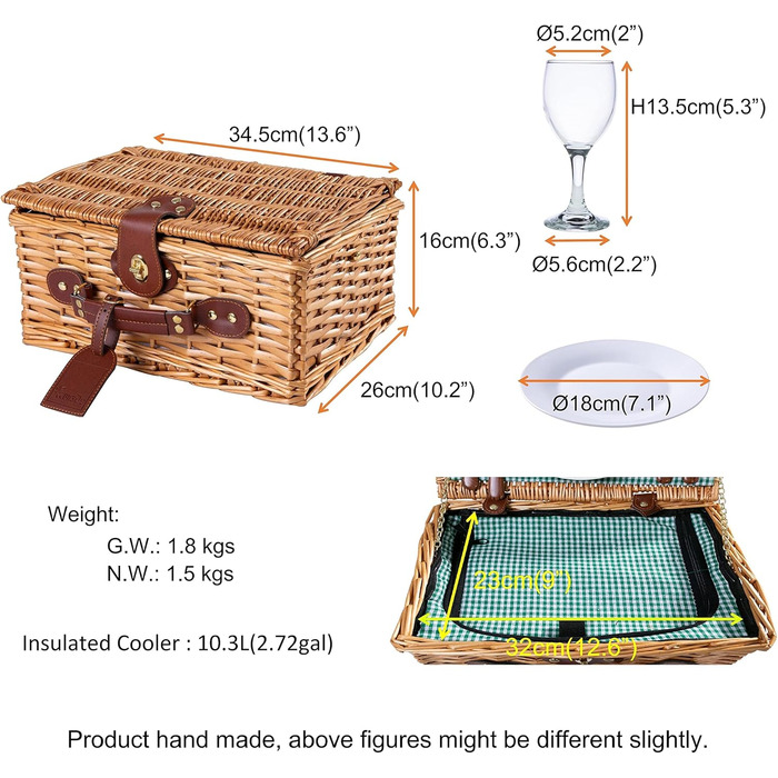 Кошик для пікніка ручної роботи на 2 персони з відділенням-холодильником, багатофункціональним ножем, столовими приборами з нержавіючої сталі, порцеляновими тарілками та келихами ЗЕЛЕНИЙ