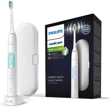 Електрична зубна щітка Philips Sonicare ProtectiveClean 5100 HX6857/28 звукова зубна щітка з 3 програмами чищення, контролем тиску, таймером і дорожнім футляром білий