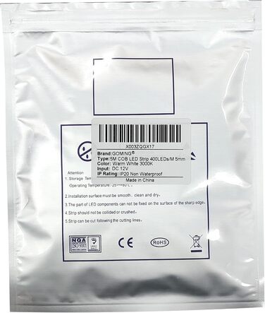 Світлодіодна стрічка GOMING 12 В шириною 5 мм COB 5 м 400 світлодіодів / м Самоклеюча неводонепроникна світлодіодна стрічка високої яскравості IP20 для прикраси будинку всередині приміщень (тільки стрічка) (3000k)