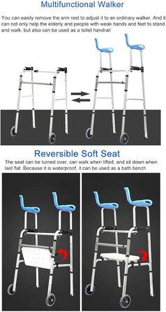 Легкі, складні ходунки для людей похилого віку, з сидінням, колесами та підтримкою під пахвами, регулюються по висоті, допомога при переходах, вантажопідйомність 180 кг