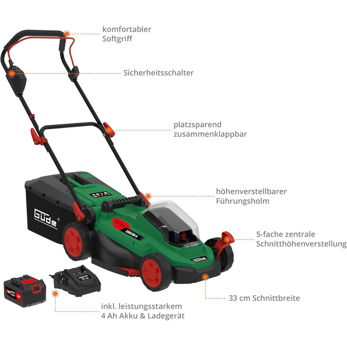 Акумуляторна газонокосарка Gde 330/20-4 (безщітковий двигун, 20 В/4,0 Ач, ширина зрізу 33 см, травозбірник 30 л, 5-кратне регулювання висоти зрізу, функції Косіння/збирання/мульчування, вкл. акумуляторний блок та зарядний пристрій) одинарна