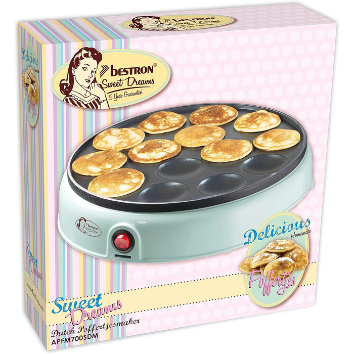 Виробник Bestron Poffertjes у ретро-дизайні, міні-млинці, голландські фірмові страви, торговий автомат для млинців з антипригарним покриттям та світловим індикатором, Sweet Dreams, колір м'ятний