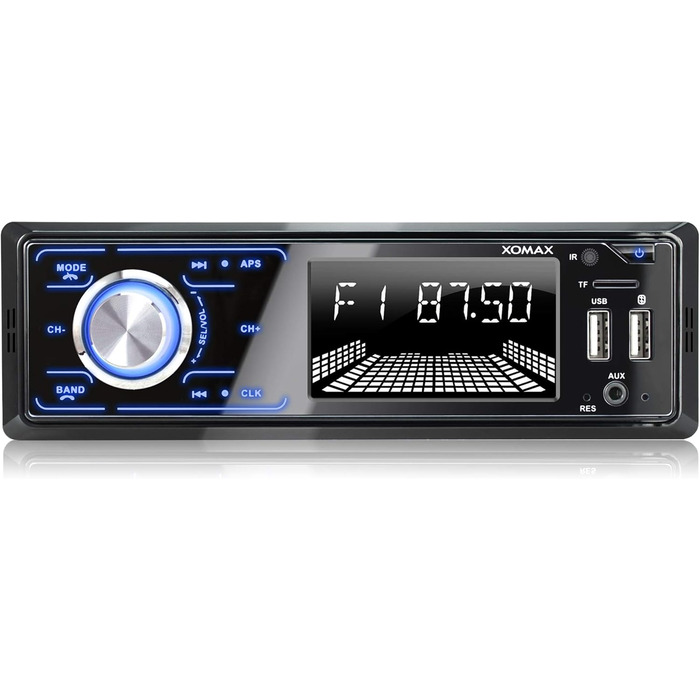 Автомобільна стереосистема XOMAX XM-R271 із системою гучного зв'язку Bluetooth, FM, 7 кольорів освітлення, зарядна станція для смартфона через 2-й порт USB, USB, SD, MP3, AUX-IN, 1 DIN