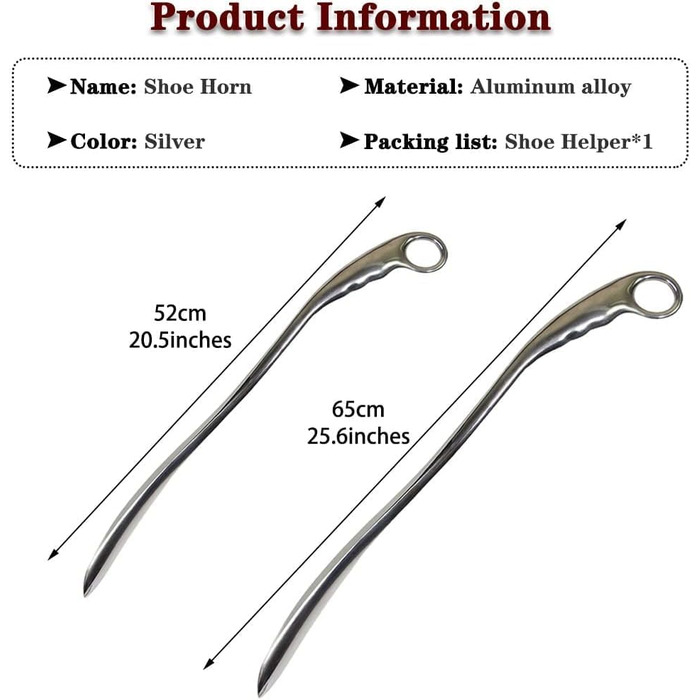 Міцний ріжок для взуття, довга ручка для людей похилого віку, алюмінієвий сплав, міцний ріжок для взуття, портативний ріжок для взуття з великим отвором для підвішування, ергономічний дизайн срібла 65 см