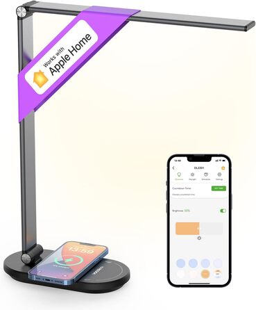 Світлодіодна лампа VOCOlinc Smart Desk Lamp з бездротовою зарядкою 10 Вт, сумісна з HomeKit/Alexa/Google Home, плавне затемнення, голос/додаток/сенсорне керування, з таймером, функцією пам'яті DL2202