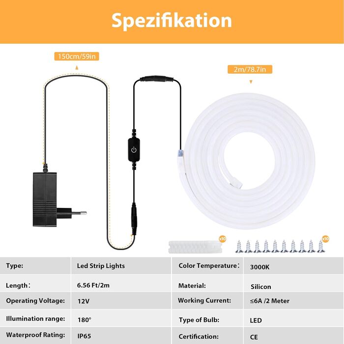 Світлодіодна стрічка Lamomo 2M, тепла біла неонова світлодіодна стрічка 12 В з можливістю затемнення, водонепроникна світлодіодна стрічка 3000K, силіконова гнучка стрічка зі світлодіодною стрічкою своїми руками з джерелом живлення та контролером для внутр