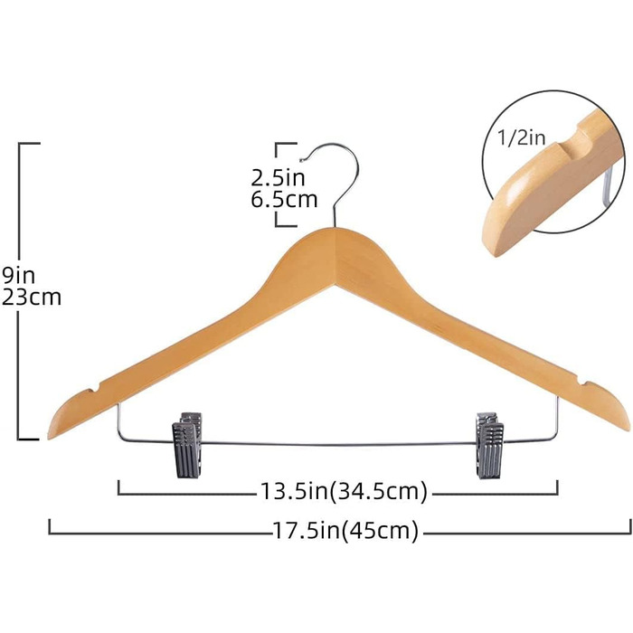Дерев'яна вішалка для одягу з регульованими металевими зажимами, з масиву дерева, поворотний гачок на 360, преміум-вішалка для піджака, спідниці, пальто, сукні, блузки, 10 шт. (натуральне дерево)
