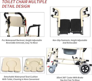 Туалетне крісло UHJKLA для спальні з колесами та підставкою для ніг, приліжкове туалетне крісло для людей похилого віку та інвалідів, алюмінієвий туалет Legie Shower інвалідний візок