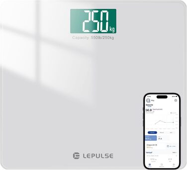 Цифрові ваги для ванної кімнати Lepulse S5 250 кг з вагою та ІМТ, розумні ваги для тіла з синхронізацією додатків через Bluetooth, ваги для людей з надширокою платформою срібла