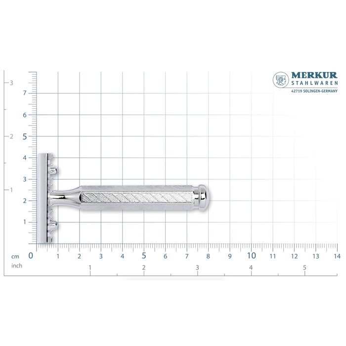 Безпечна бритва MERKUR 41C Шестигранна ручка Gloss Chrome Бритва з трьох частин з прямим зрізом Відкрити гребінчастий гребінець Ідеально підходить для вологого гоління Цинкове лиття під тиском Зроблено в Німеччині Срібло