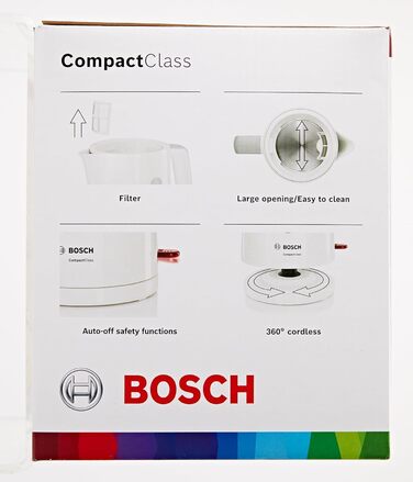 Акумуляторний чайник Bosch CompactClassTWK3A051, швидкий нагрів, індикатор рівня води з обох сторін, захист від перегріву, 1 л, 2400 Вт, білий Single