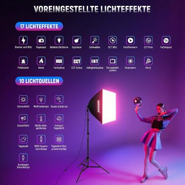 Комплект освітлення NEEWER RGB Softbox з керуванням додатком і 9 режимами ефектів, 2 упаковки світлодіодних ламп, сертифікованих CE/UKCA потужністю 24 Вт CRI93 TLCI98, порцелянові розетки E27, 24 софтбокси, для студійної зйомки, NK800