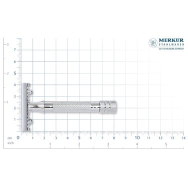 Безпечна бритва MERKUR 15C Класичний з зубчастим гребінцем Gloss Chrome Бритва з трьох частин з прямим зрізом Відкрити гребінчастий гребінець Ідеально підходить для вологого гоління Цинкове лиття під тиском Латунна рукоятка Зроблено в Німеччині