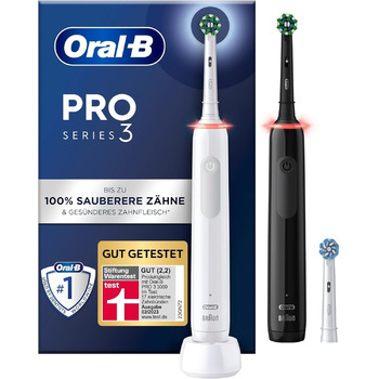 Електрична зубна щітка Oral-B Pro 3 3900, подвійна упаковка та 3 щітки, з 3 режимами чищення та візуальним регулюванням тиску на 360 для догляду за зубами, подарунок чоловіку/жінці, білий/чорний