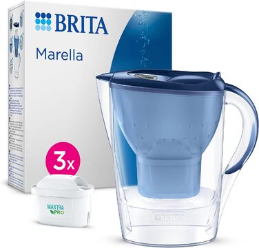 Фільтр для води BRITA Глечик-глечик Marella синій (2,4 л) з 3 картриджами MAXTRA PRO All-in-1 фільтр для зменшення вапняного нальоту, хлору, свинцю, міді та речовин, що погіршують смак у воді