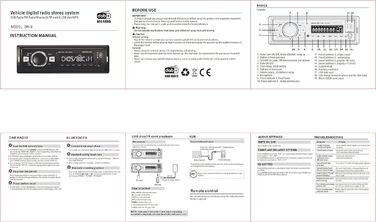 Автомобільна радіостанція DAB з музикою Bluetooth Гучний зв'язок I FM-радіо I 1A Функція заряджання смартфона I microSD USB AUX IN (ipod) I Вбудований мікрофон I Пульт дистанційного керування на кермі I 1 DIN mp3 WAV, 9