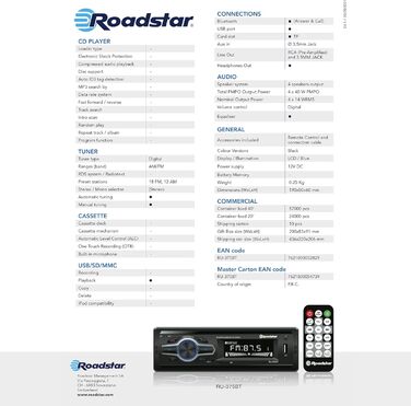 Цифрова автомобільна стереосистема Roadstar RU-375BT AM/FM, Bluetooth гучний зв'язок, стерео автомобільна стереосистема, USB-порт, TF-кардрідер, MP3-плеєр, РК-екран, пульт дистанційного керування