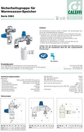 Група безпеки Caleffi 526142 для котла 1/2 дюйма із запірним, керованим зворотним клапаном