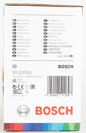 Ручний міксер Bosch MFQ3530, ручний міксер, 2 вінчики, 2 гачки для тіста з нержавіючої сталі, можна мити в посудомийній машині, 5 рівнів, 450 Вт, білий/сірий 7,7 см Д x 20,1 см Ш x 14,1 см в Білий/сірий