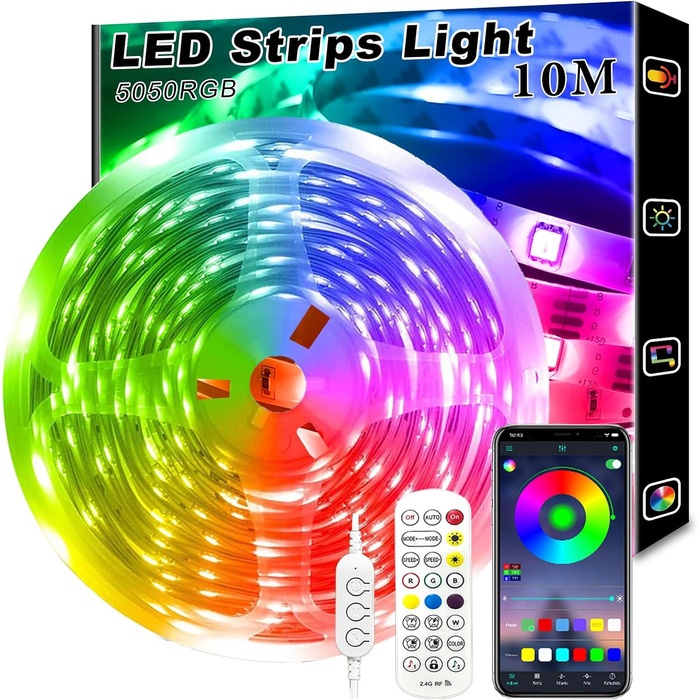 Стрічка для телевізора, 10 м, LED підсвічування, RGB 5050 LED, USB, з додатком і пультом дистанційного керування для телевізора з 190-200 см (75-85 дюймів), Домашній кінотеатр, Кухня, Спальня, Вітальня, Вечірка