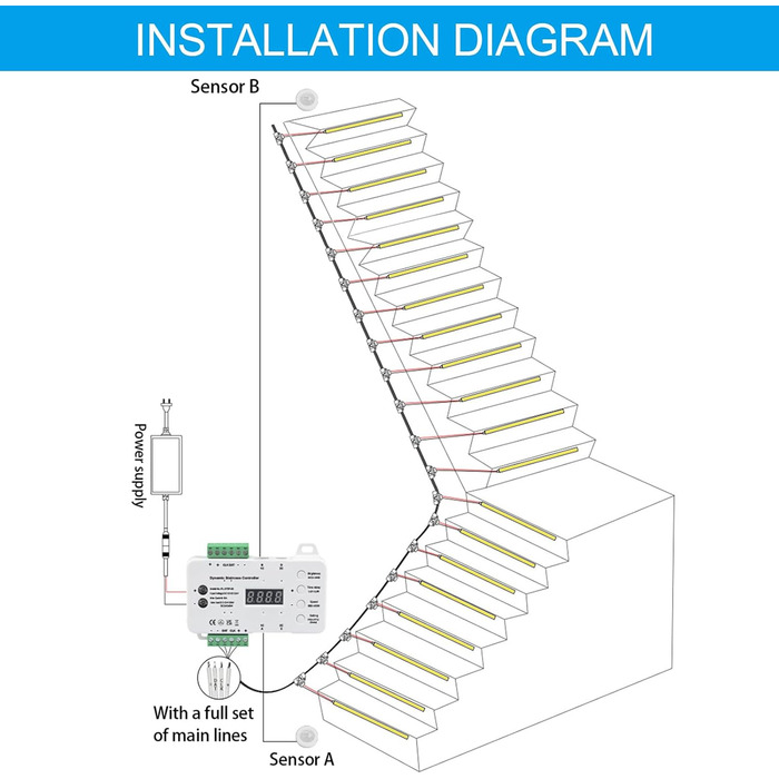Світлодіодне освітлення сходів XLSBZ з детектором руху, 20 сходинок Повний комплект світлодіодного освітлення сходів зі стрічкою (біле світло 4000K)