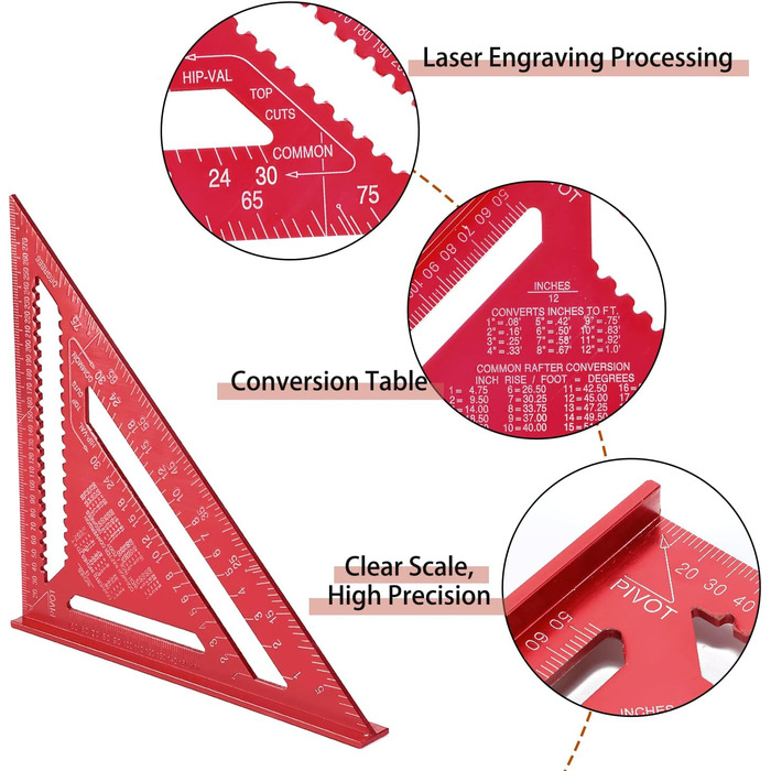 Дюймовий теслярський косинець, метричний трикутник, трикутна лінійка кутова металева для дизайну оздоблення, вимірювання кутів, зроби сам (червоний), 12-
