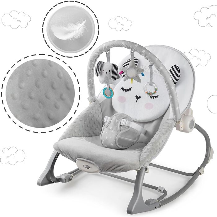 Дитяча гойдалка Nukido Baby Bouncer з музикою - Металевий каркас і міцний пластик - Замок гойдалки - Вібраційна система - Додаткова іграшка Montesorri - 48 x 62 см - Сірий