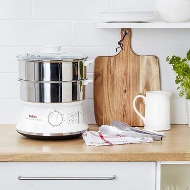 Відпарювач Tefal VC1451 2 контейнери з нержавіючої сталі Ємність 6 л Діаметр 24 см Таймер і автоматичне відключення 900 Вт Біла ЗРУЧНА СЕРІЯ