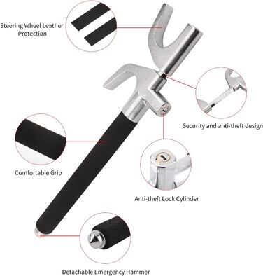 Блокування керма Shkalacar Підходить для всіх видів автомобілів, 9-контактний регульований кіготь керма з 3 ключами та функцією захисного молотка, захист від крадіжки для керма від 7.82 до 12.8