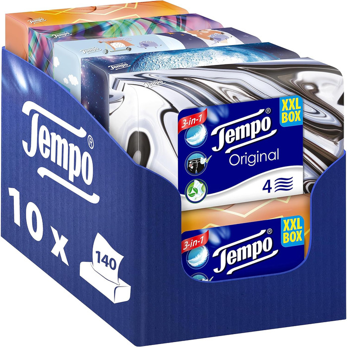 Коробка носових хустинок Tempo XXL - Value Pack - 10 коробок, 140 серветок в коробці - надзвичайно міцні, м'які паперові хустинки, можна прати в пральній машині