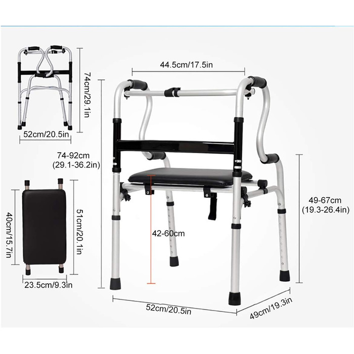 Складаний ролик, Walker Rollator, складний Walker Senior Walker, зі шкіряним сидінням, легкий вуличний вертикальний ходунки для дорослих, літніх людей, регулюється по висоті, вантажопідйомність 180