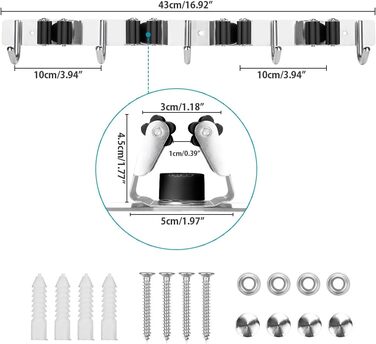 Тримач для мітли з нержавіючої сталі SHYOSUCCE, настінний тримач для мітли з 4 слотами та 5 гачками, настінний кронштейн для тримача приладу для кухні, ванної кімнати, гаража та саду, чорний 44 см чорний