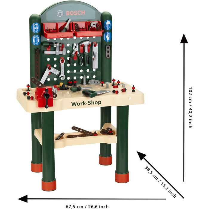 Дерев'яна робоча поверхня з навчальною функцією та грою для нігтів - З інструментами та аксесуарами - Іграшка для дітей віком від 3 років, зелена, колір дерева, одинарна, 8461 Bosch Workshop -