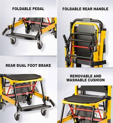 Електричне крісло-сходо, складне крісло колісне, транспортне складне крісло-сход для підйому та підйому, крісло для допомоги по сходах для транспортування пацієнтів похилого віку та інвалідів та вантажів, вантажопідйомність 330 фунтів