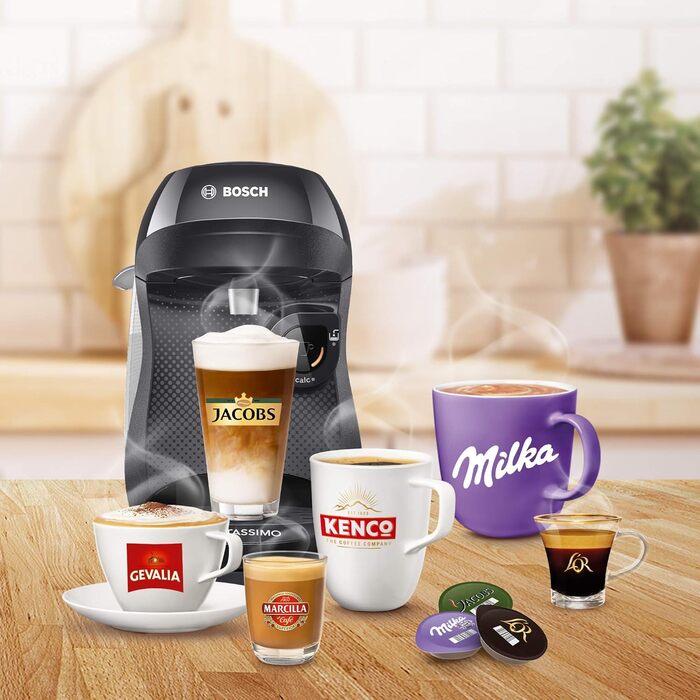 Капсульна машина Bosch Tassimo Happy TAS1002 кавоварка by, 70 напоїв, повністю автоматична, підходить для всіх чашок, компактна, 1400 Вт, чорний/антрацит