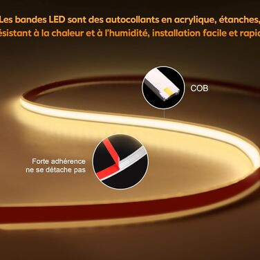 Світлодіодна стрічка COB 230 В самоклеюча біла, 2 метри Водонепроникна світлодіодна стрічка IP67 230 В без трансформатора з вилкою (білий, 2) (теплий білий, 10 м)
