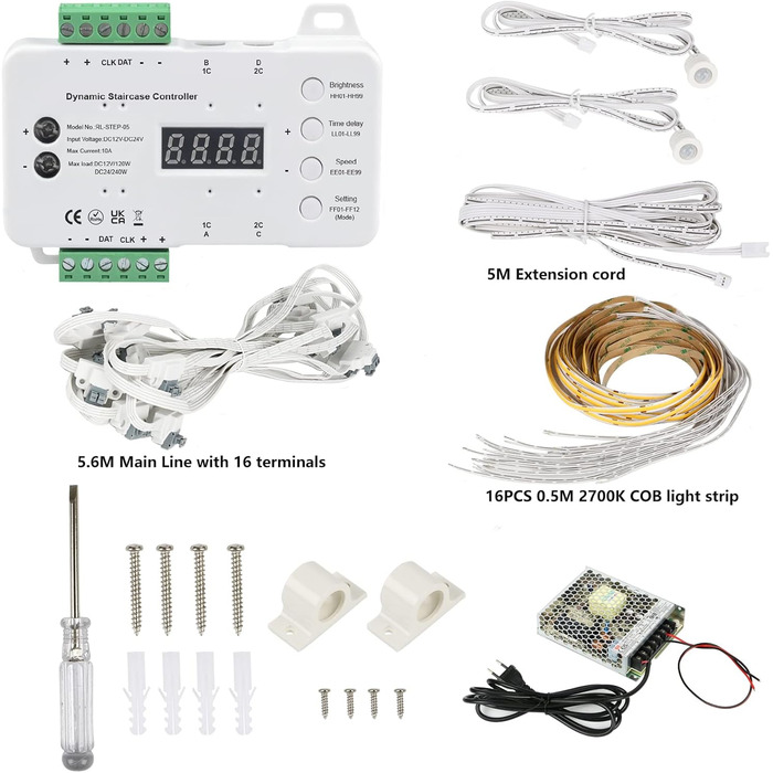Світлодіодне освітлення сходів з детектором руху, 16 сходинок Світлодіодна сходова стрічка Тепле світло 16 кроків RL-STEP-05-2700K