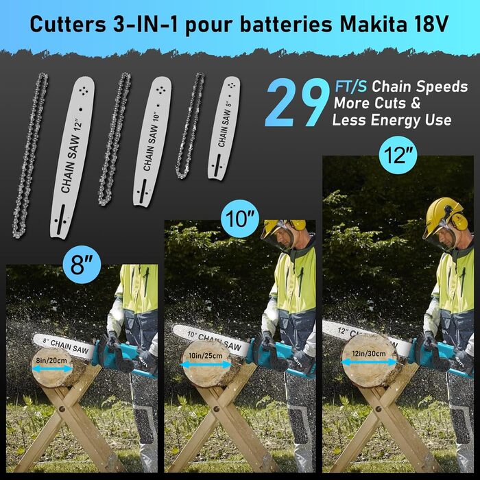 Акумуляторна бензопила сумісна з Makita 18V, 3 IN1 1000W 12 дюймів 10 дюймів 8 дюймів електрична бензопила, запобіжник бензопили автоматичний маслянка акумуляторна пила ручна бензопила садові ножиці (без акумулятора)