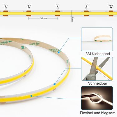 Світлодіодна стрічка AXMOTUT 3 м, світлодіодна стрічка COB 2700K, світлодіодна стрічка 24 В 320 світлодіодів / м, світлодіодна стрічка з можливістю затемнення 3 метри з радіочастотним пультом дистанційного керування та джерелом живлення, CRI90 для прикрас