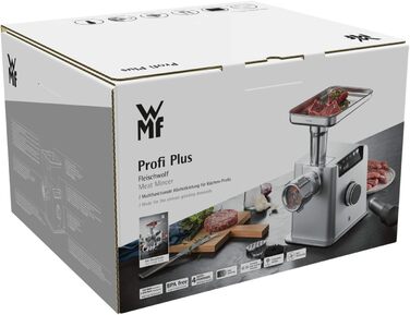 М'ясорубка WMF Profi Plus електрична, машина для розливу ковбас, повернення, 3 перфорованих диска, насадка для кеббе та печива, потужність блокування 2200 Вт, 350 Вт