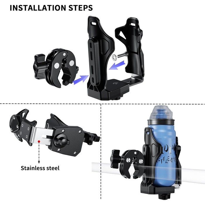 Підстаканник для мотоцикла iMESTOU, тримач для пляшки з водою для квадроциклів, сумісний з пляшками для пиття діаметром 50-90 мм, з металевим затискачем 1,3-4 см, підходить для велосипеда, скутера, коляски, візка для гольфу