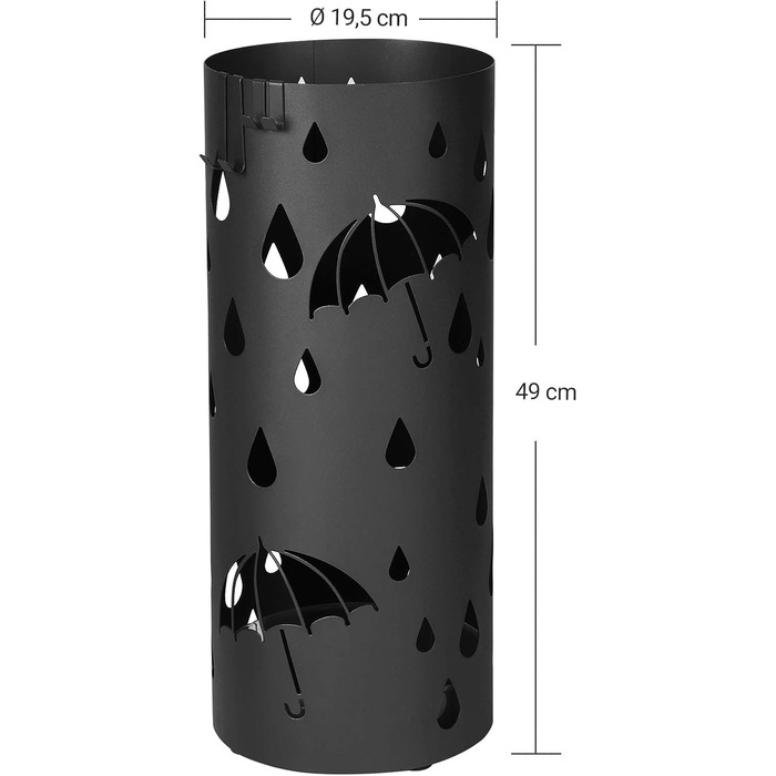 Підставка для парасольки з металу, кругла підставка для парасольки, знімний піддон для крапель води, з гачком, 49 x Ø 19,5 см, чорний LUC23B