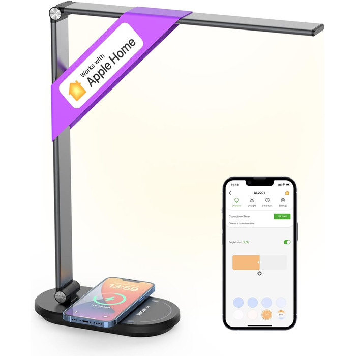 Світлодіодна лампа VOCOlinc Smart Desk Lamp з бездротовою зарядкою 10 Вт, сумісна з HomeKit/Alexa/Google Home, плавне затемнення, голос/додаток/сенсорне керування, з таймером, функцією пам'яті DL2202