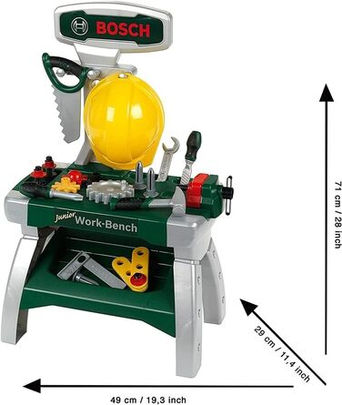 У комплекті шолом, лещата, інструменти, рейки, цвяхи, гвинти та гайки Розміри 49 см x 29 см x 71 см Іграшка для дітей віком від 2 років і старше, 8612 Bosch Workbench Junior 2
