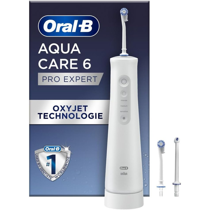 Акумуляторний іригатор для порожнини рота Oral-B AquaCare 6, 3 змінні насадки, очищувач міжзубних проміжків, дбайливе чищення зубів і здоров'я ясен, технологія Oxyjet, 3 режими для догляду за зубами, подарунок чоловіку/жінці, білий/сірий