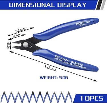 Бокорізи малі, 128 мм кусачки для електроніки, кусачки для дроту під кутом, міні-кусачки, міні-кусачки для виготовлення моделей, тонких проводів, електроніки, кабельних стяжок (сині), 10 шт.