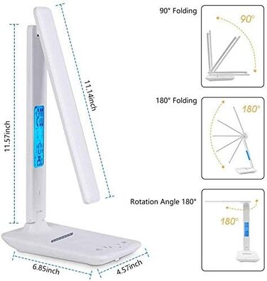 Настільна лампа, світлодіодна настільна лампа Приліжкова лампа з можливістю затемнення та бездротовою зарядкою 10 Вт з 3 кольорами та 5 рівнями яскравості Настільна лампа з функцією заряджання, USB, годинник, температура, дата, сенсорне керування (офісний